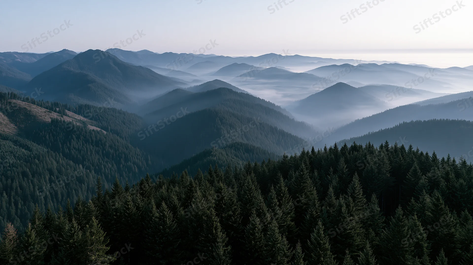 Aerial view of a vast conifer forest stretching across layered mountains under misty sky