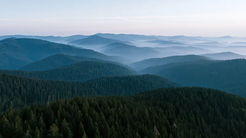Aerial view of a vast conifer forest stretching across layered mountains under a misty sky