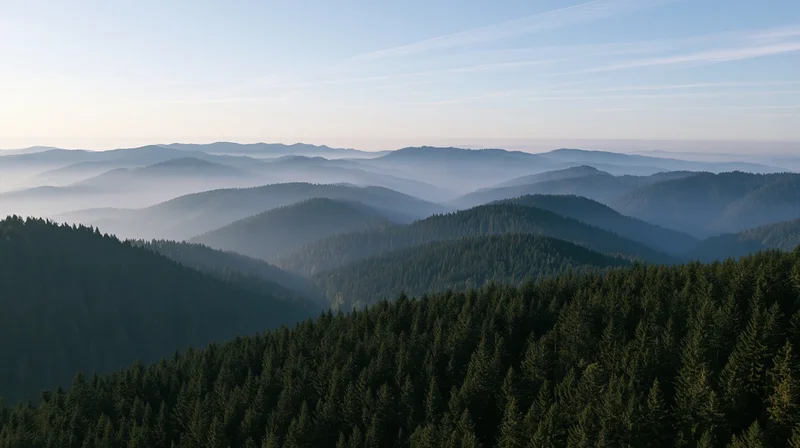 Aerial view of a vast conifer forest stretching across rolling mountains under a hazy sky