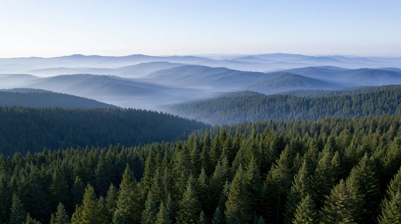Aerial view of a vast conifer forest stretching across rolling hills and valleys under a hazy sky