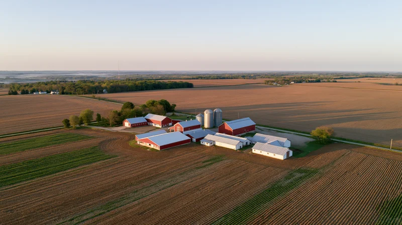 Aerial view of a midwestern farm compound with red barns and silos surrounded by plowed fields at sunset