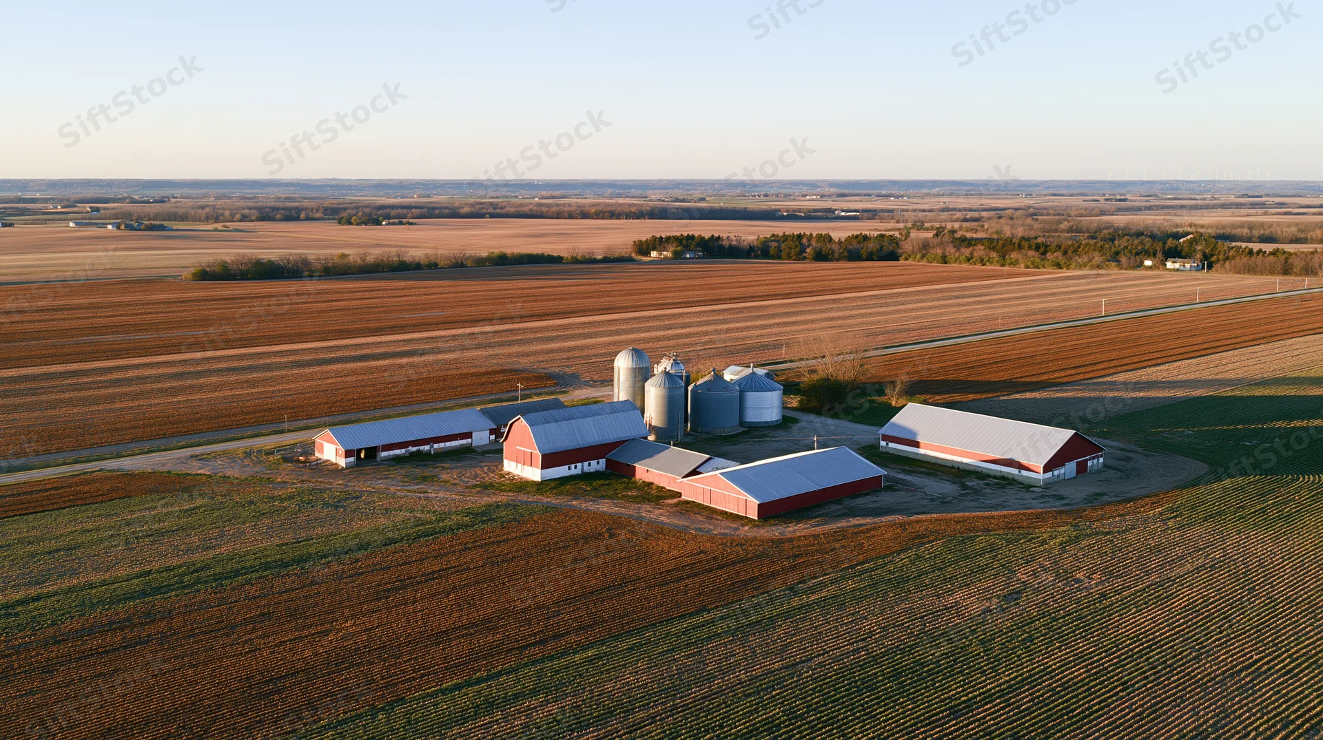 Aerial view of a midwestern farm compound with red barns and silos surrounded by harvested fields