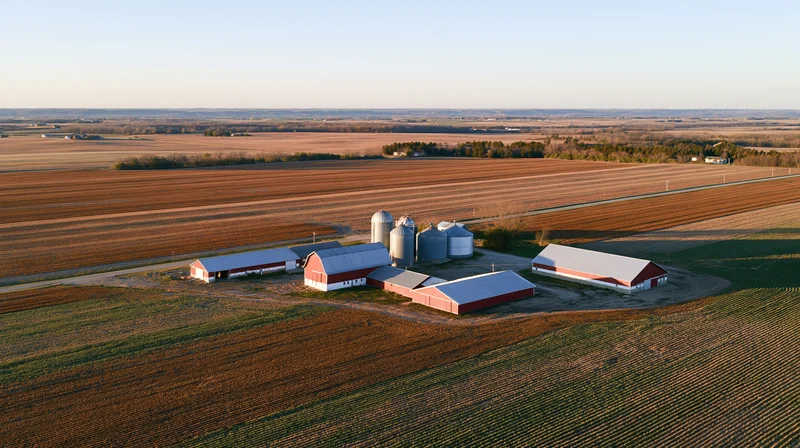 Aerial view of a midwestern farm compound with red barns and silos surrounded by harvested fields