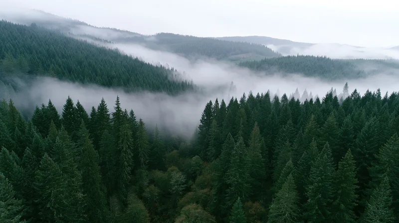 Aerial view of dense conifer forest covering rolling hills with mist drifting through the treetops