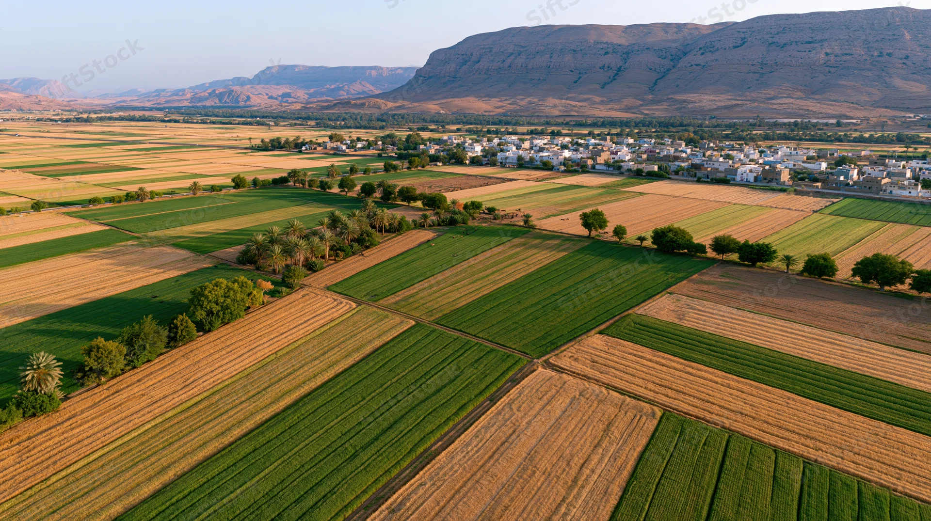 Aerial view of patchwork agricultural fields with a village and mountains in the background