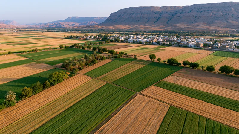 Aerial view of patchwork agricultural fields with a village and mountains in the background