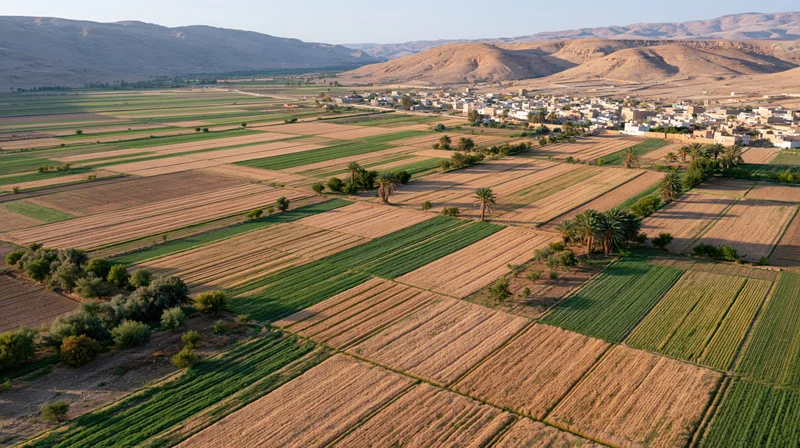 Aerial view of patchwork agricultural fields with a village nestled among mountains in a dry valley