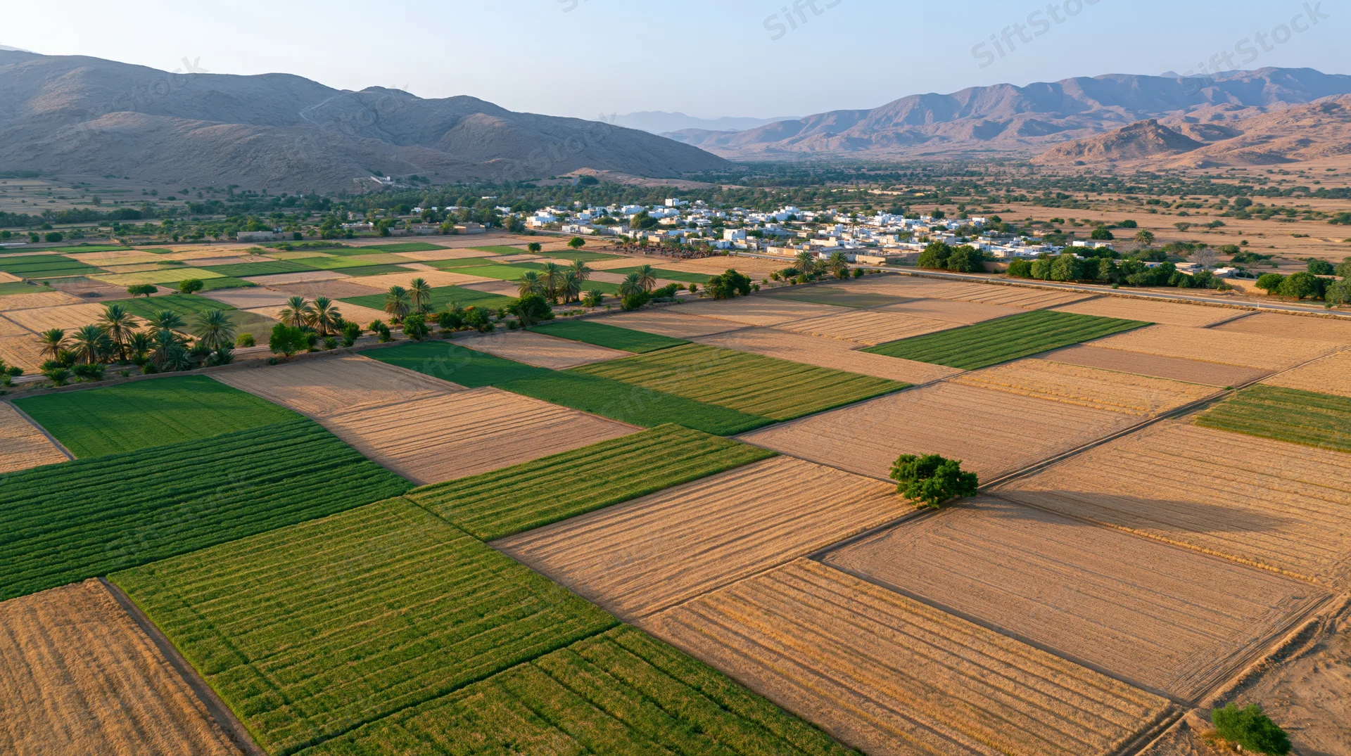 Aerial view of patchwork agricultural fields with a village and mountains in the background