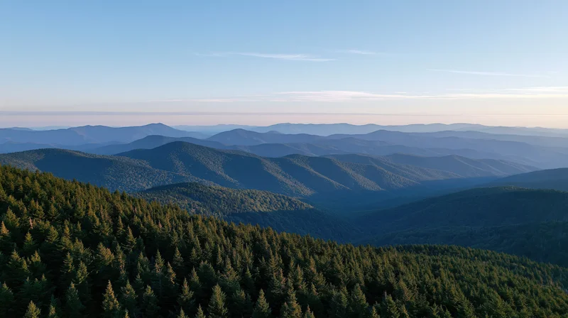Aerial view of layered forested mountains stretching into the distance under a clear sky