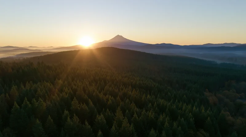 Aerial view of conifer forest at sunrise with mountain in distance