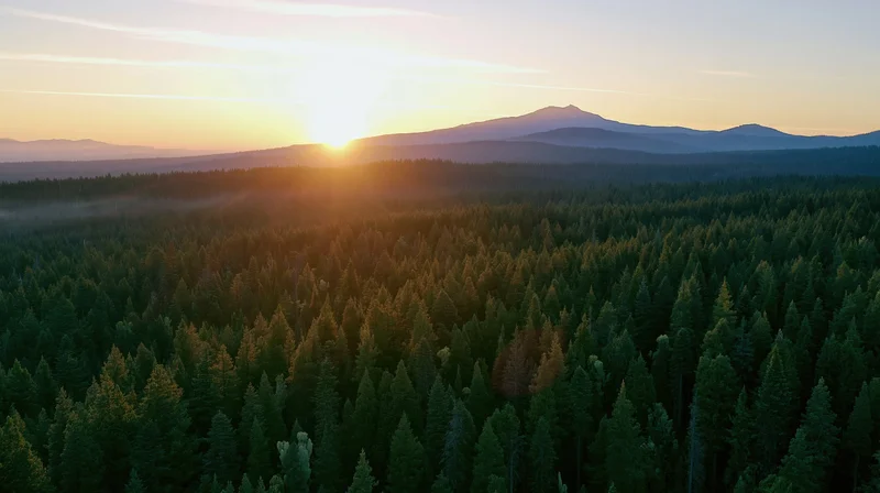 Aerial view of vast conifer forest at sunset with mountains on the horizon