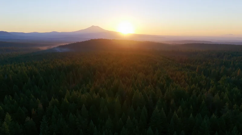 Aerial view of vast conifer forest at sunset with distant mountain on horizon