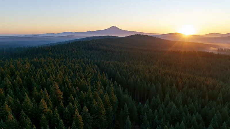 Aerial view of vast conifer forest at sunset with distant mountain on horizon
