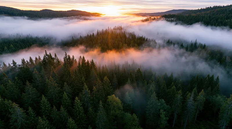 Aerial view of dense conifer forest blanketed in fog at sunrise