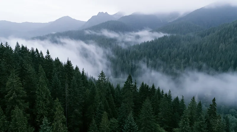 Aerial view of dense conifer forest blanketed in mist among mountains
