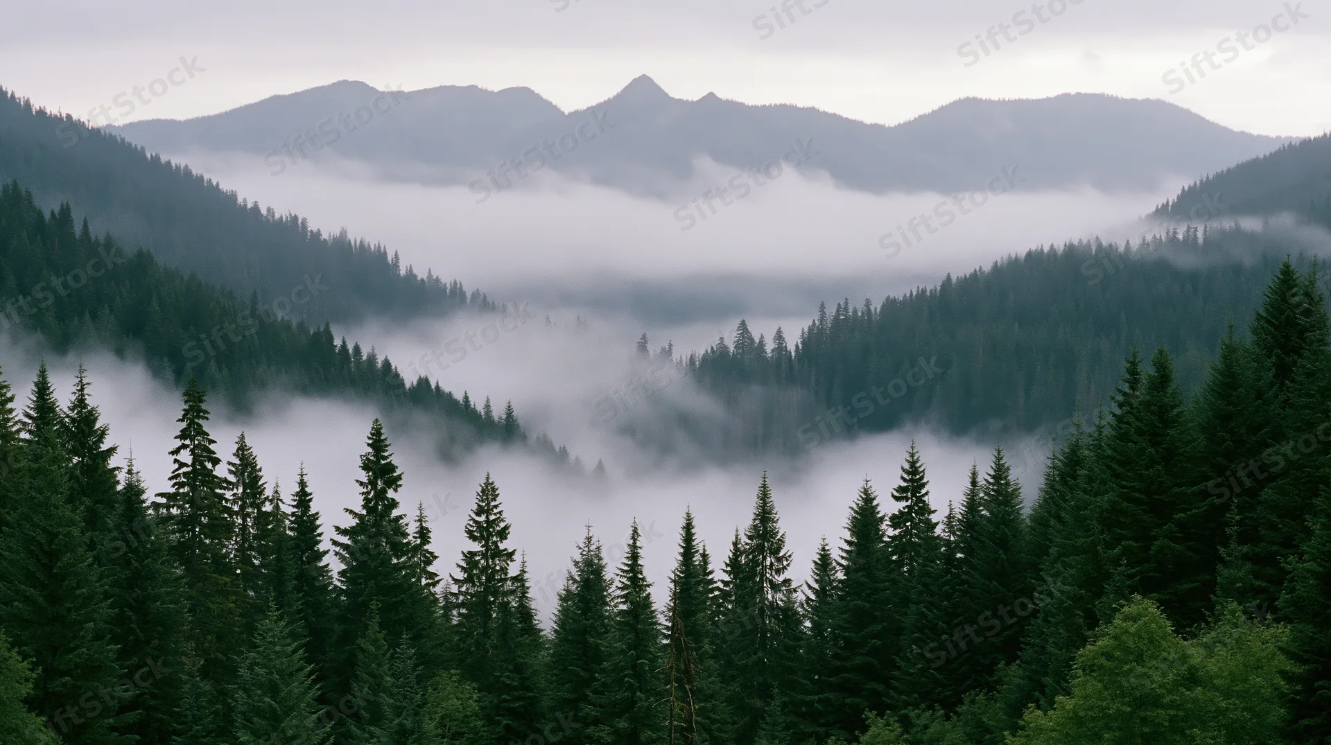Aerial view of dense conifer forest blanketed in fog with mountains in the background