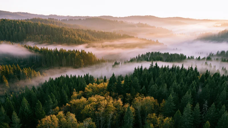 Aerial view of dense mixed forest covering rolling hills at sunrise with mist drifting through valleys