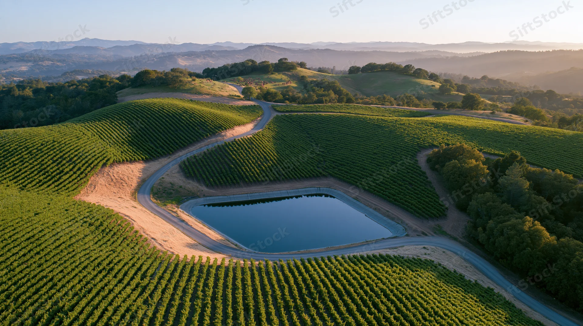 Aerial view of rolling hills covered in grapevines with a winding road and pond in california wine country