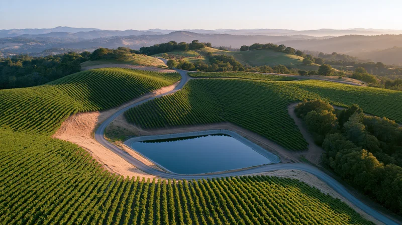 Aerial view of rolling hills covered in grapevines with a winding road and pond in california wine country