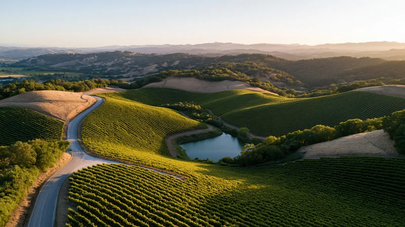 Aerial view of rolling hills covered in vineyard rows with winding road and pond in california wine country at sunset