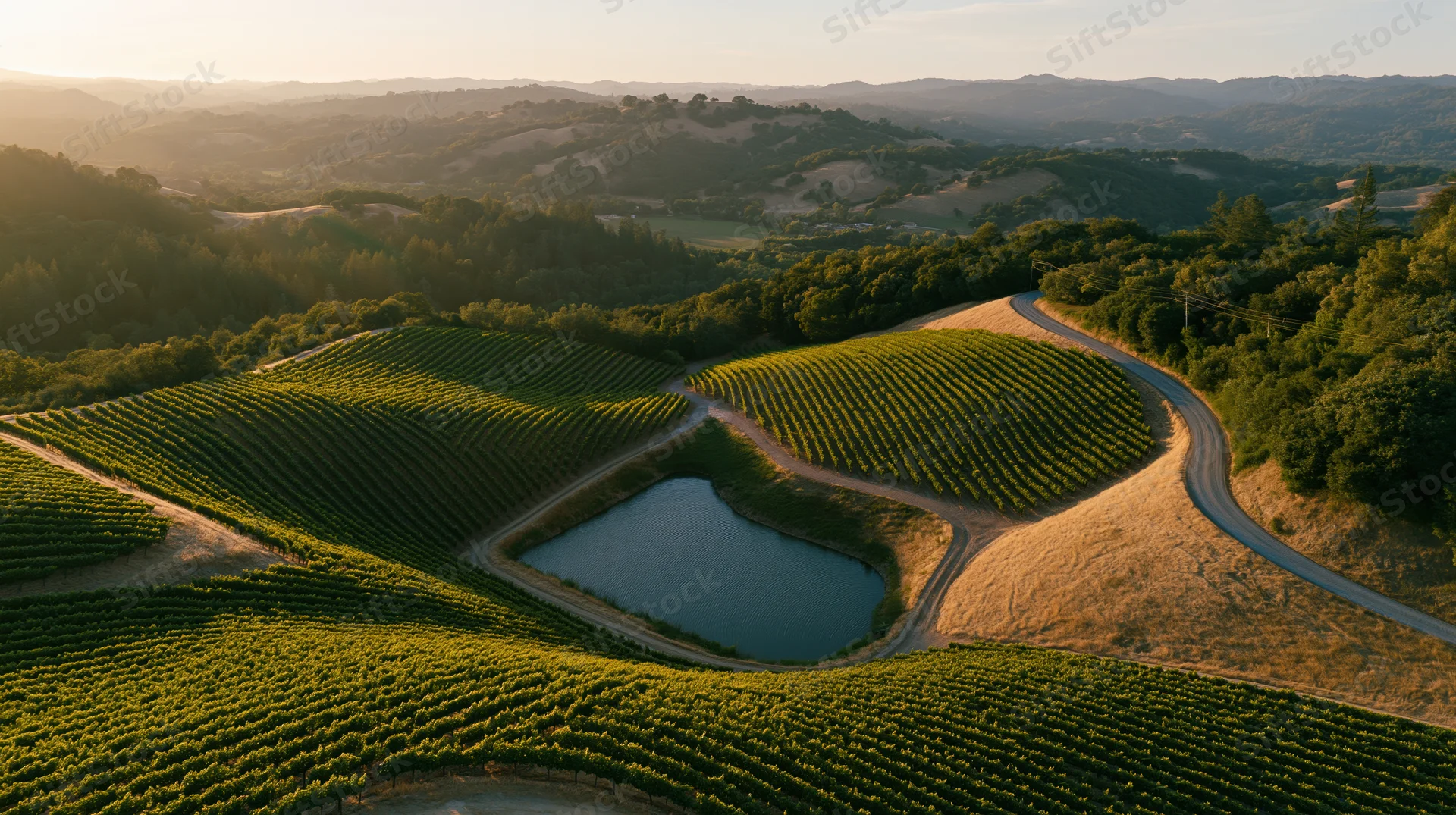 Aerial view of rolling hills covered in vineyard rows with a winding road and pond at sunset in california wine country
