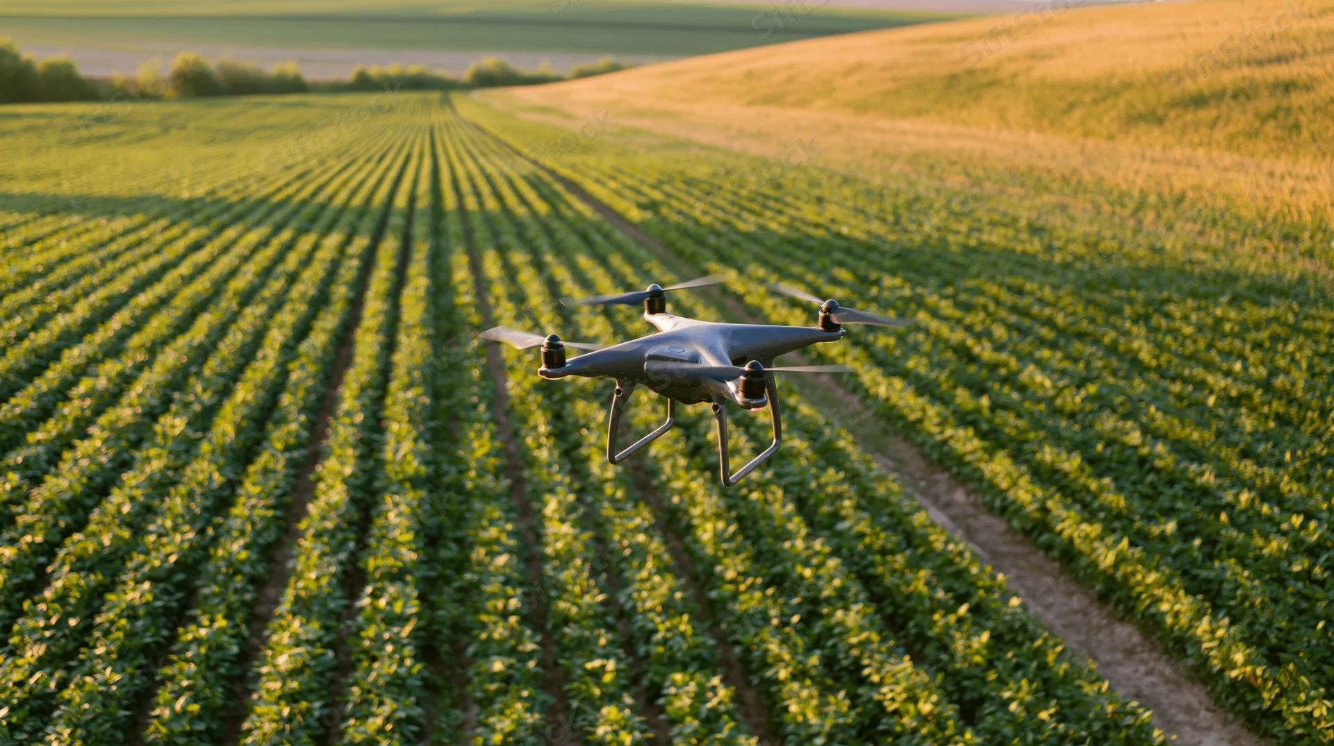 Drone hovering low over rows of green crop in a vast agricultural field