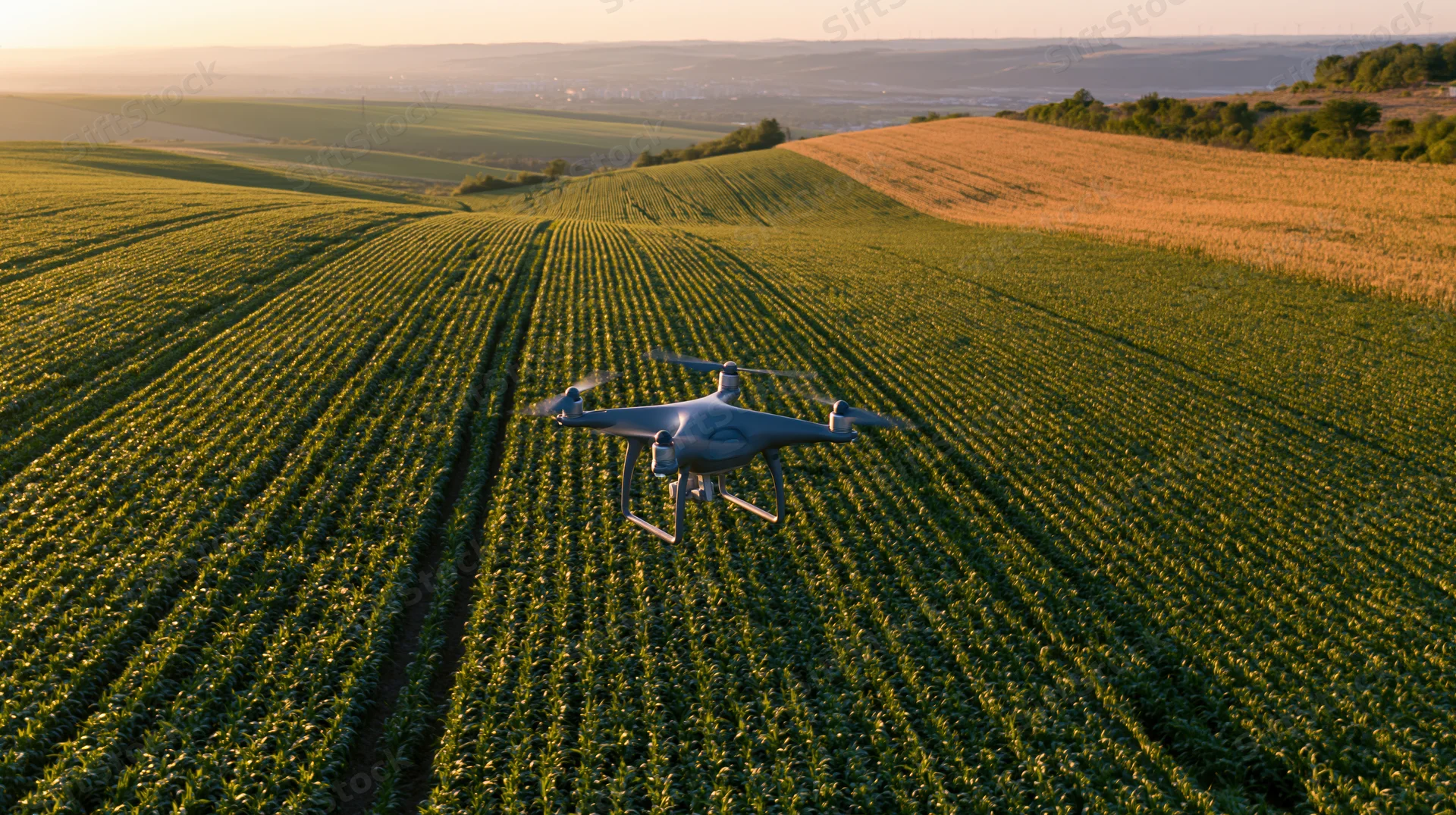 Drone hovering over rows of green crop in a vast agricultural field
