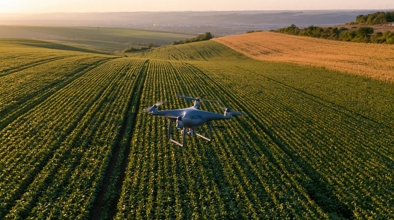 Drone hovering over rows of green crop in a vast agricultural field
