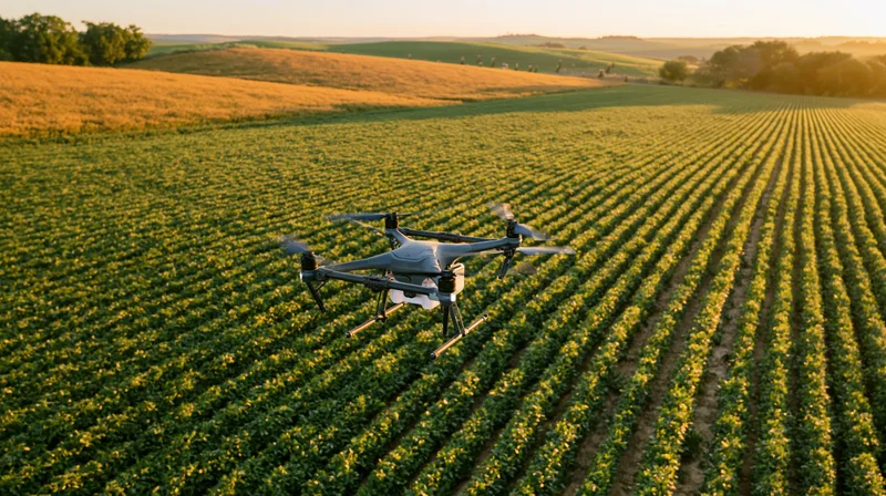 Drone hovering low over rows of green crop in a vast agricultural field at sunset