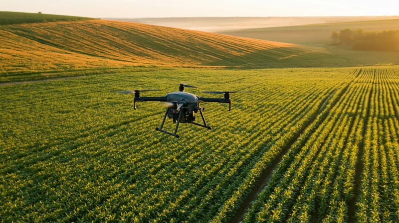 Agricultural drone hovering low over vast rows of green crop