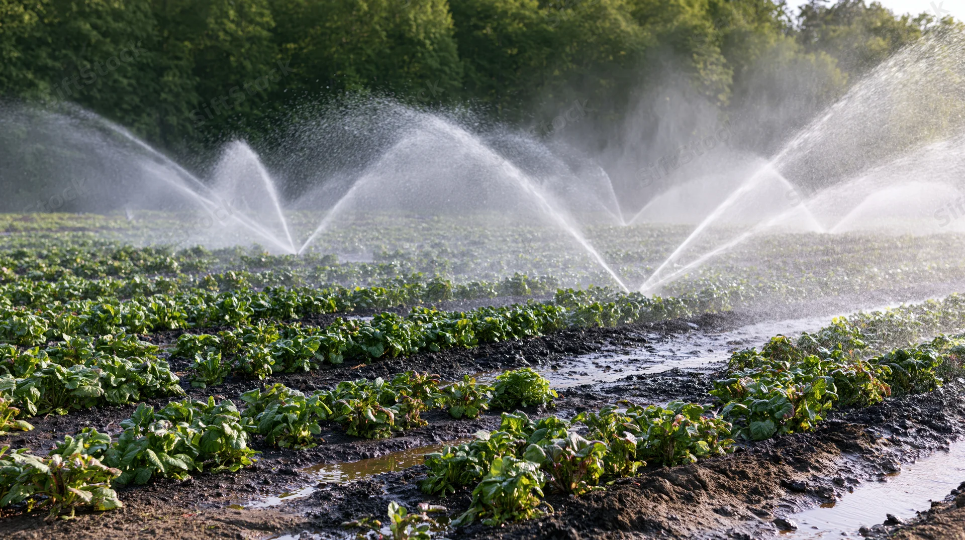 Agricultural sprinklers spraying water over rows of crops in a field
