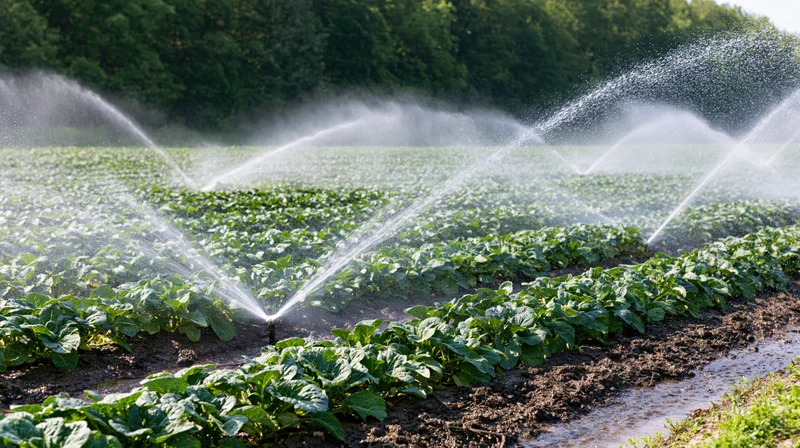 Sprinklers spraying water over rows of leafy crops in a farm field