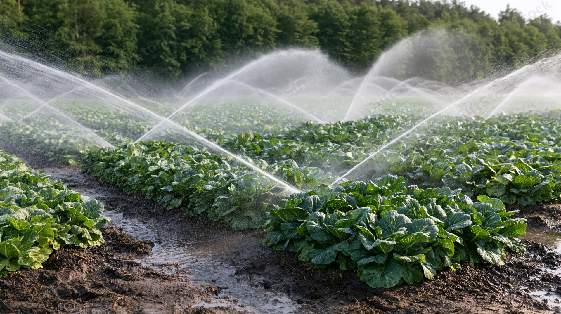 Sprinklers spraying water over rows of cabbage in a farm field