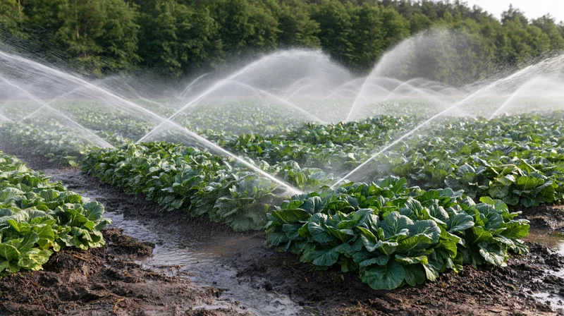 Sprinklers spraying water over rows of cabbage in a farm field