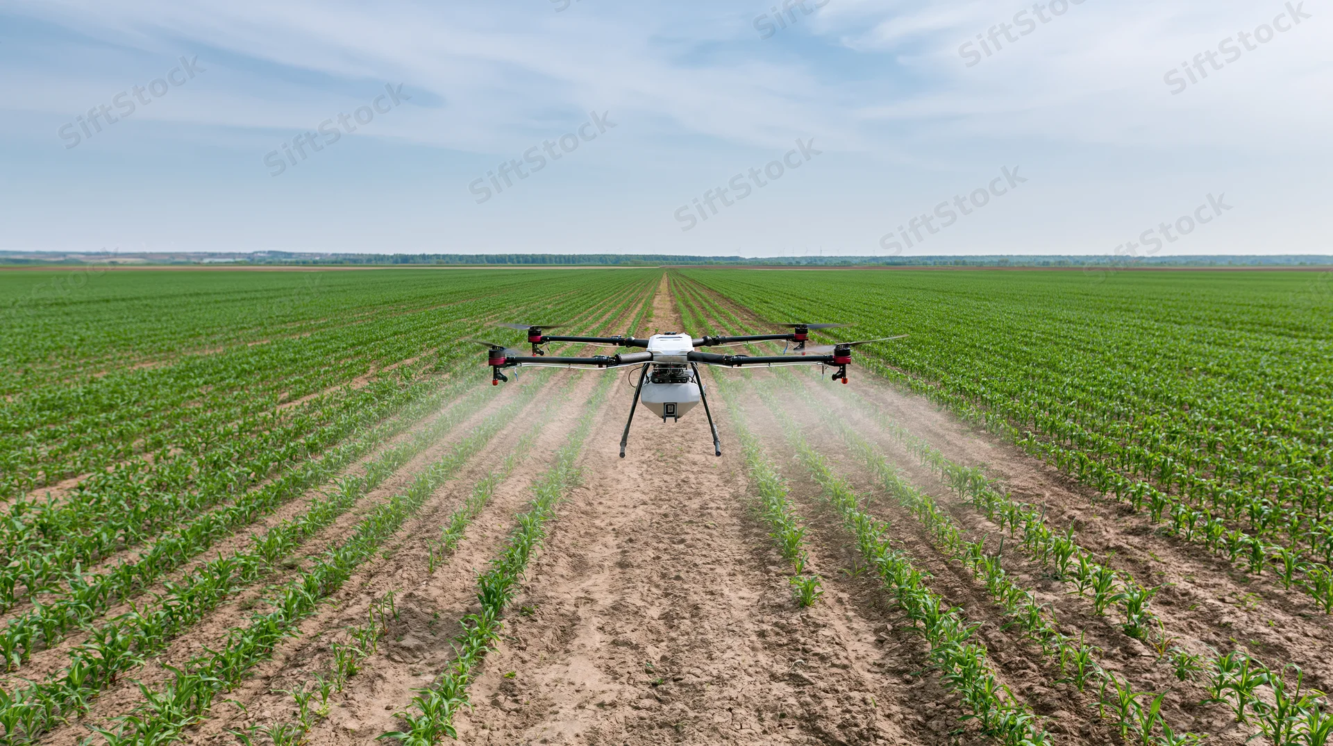 Drone spraying crops over a large agricultural field