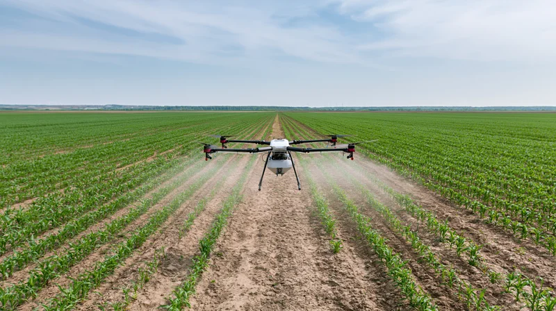 Drone spraying crops over a large agricultural field