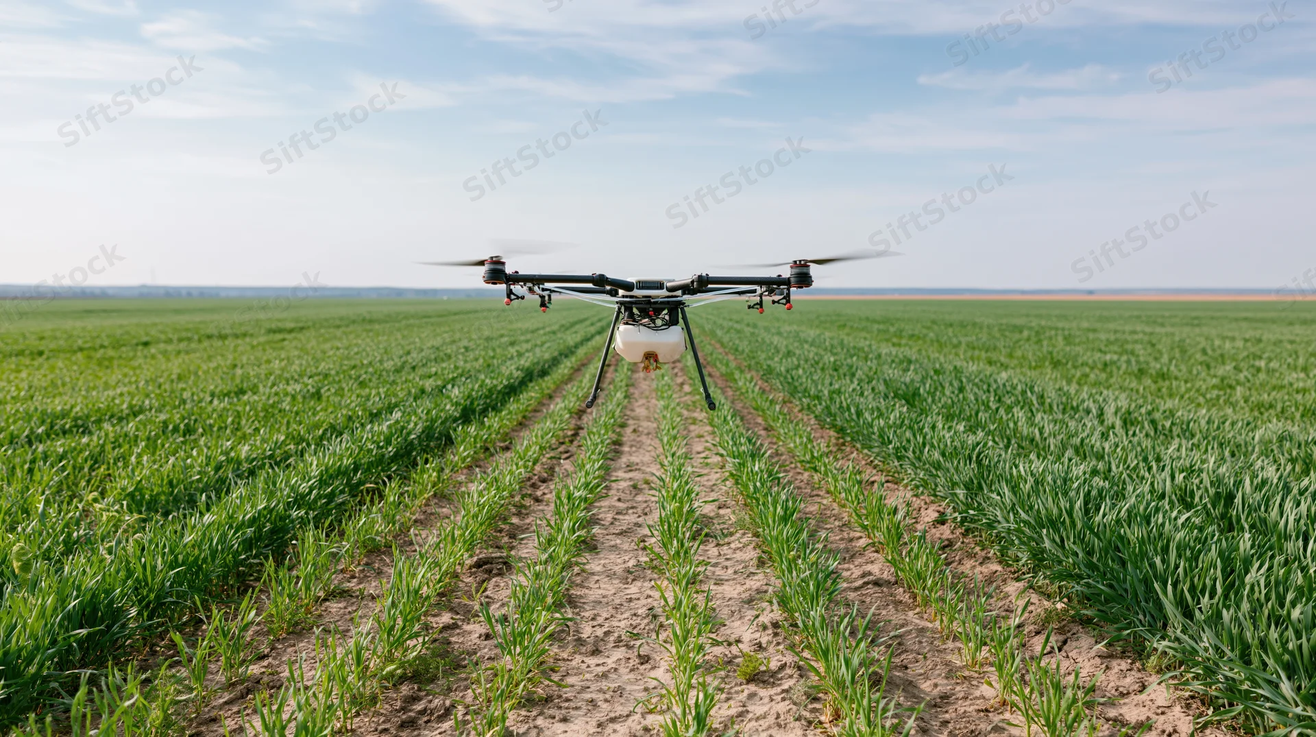 Drone hovering low over rows of green crops in a farm field