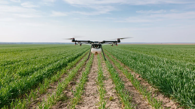 Drone hovering low over rows of green crops in a farm field