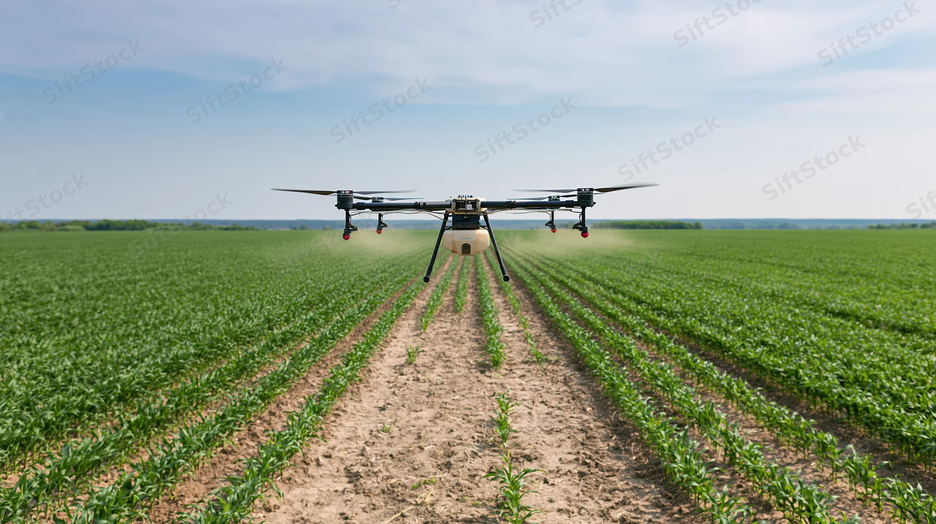 Drone spraying crops over a green field in rural farmland