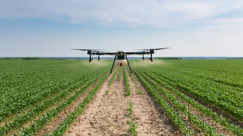 Drone spraying crops over a green field in rural farmland