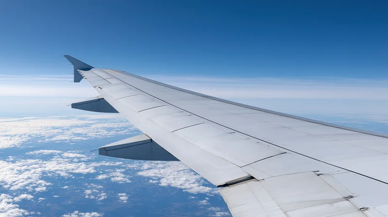 Airplane wing extending into blue sky above scattered clouds viewed from passenger window during flight