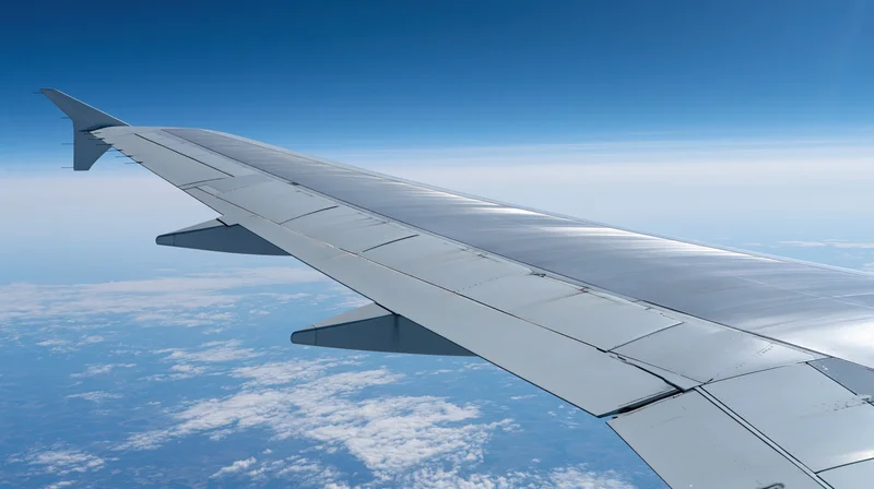 Airplane wing viewed from passenger window during flight above clouds