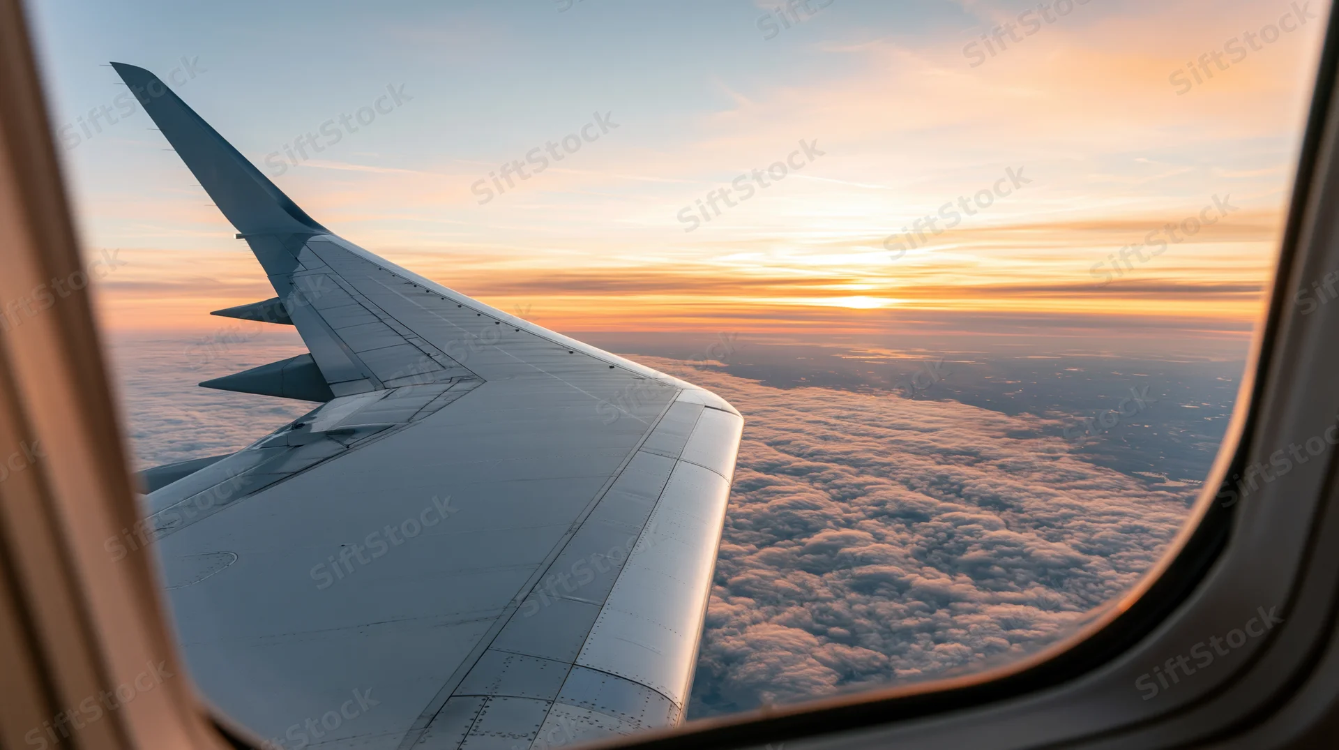Airplane wing seen through passenger window above clouds at sunset