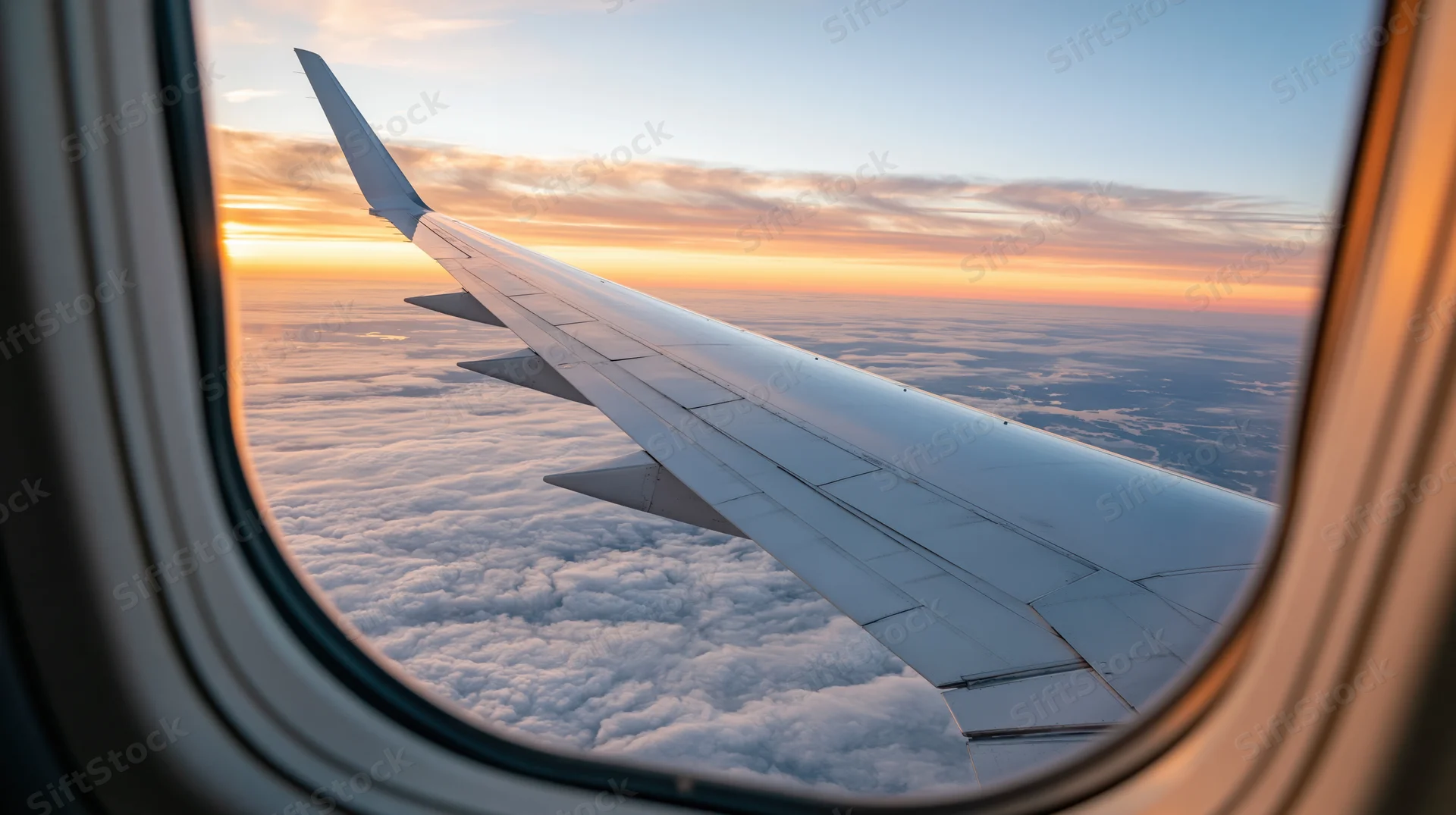 Airplane wing seen through passenger window above clouds at sunset