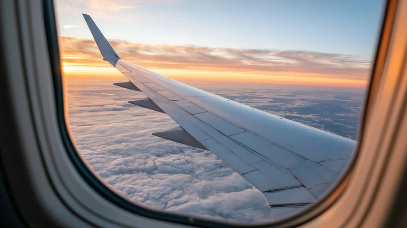 Airplane wing seen through passenger window above clouds at sunset