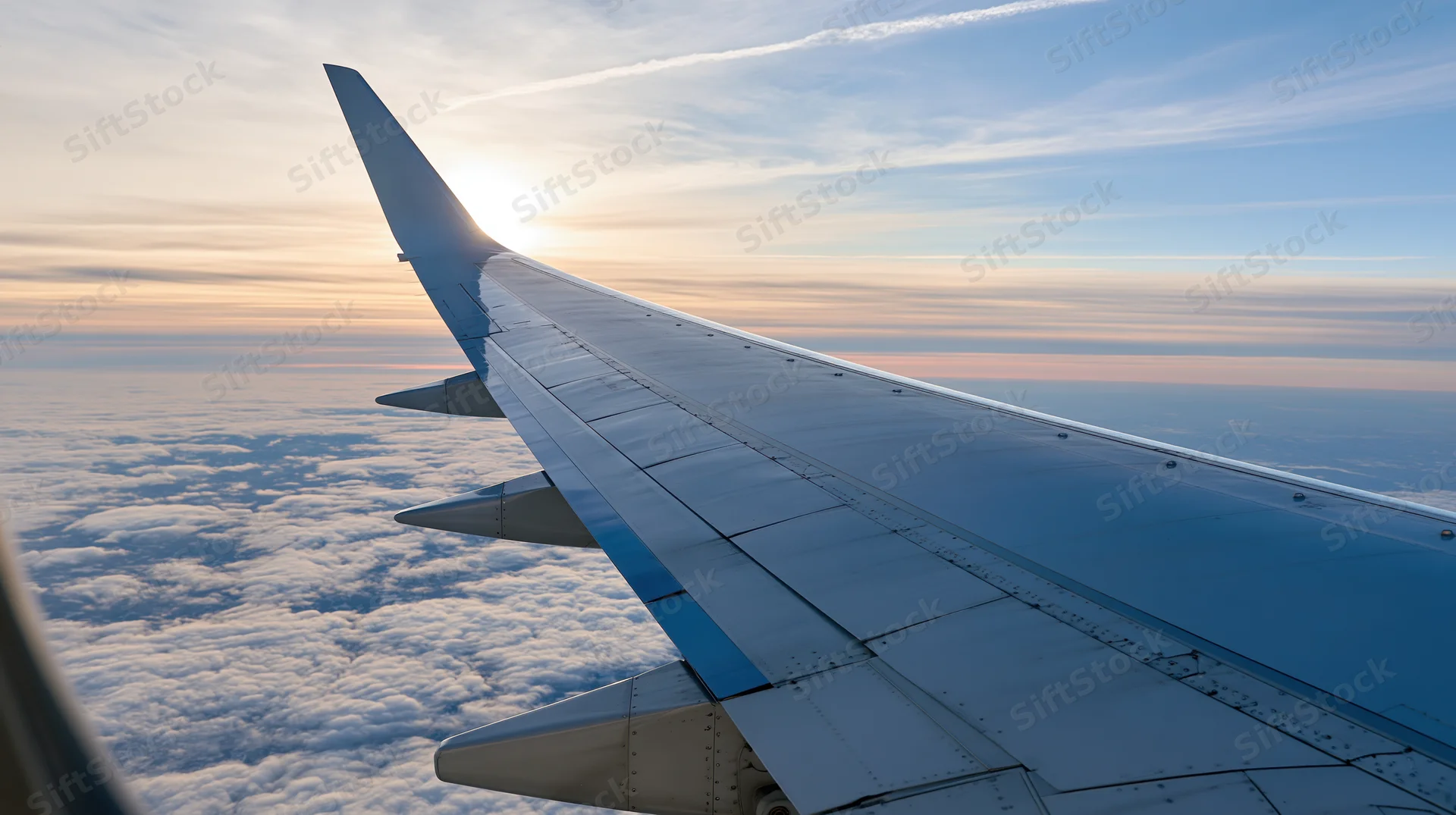 Airplane wing extending over cloud layer during sunset viewed from passenger window