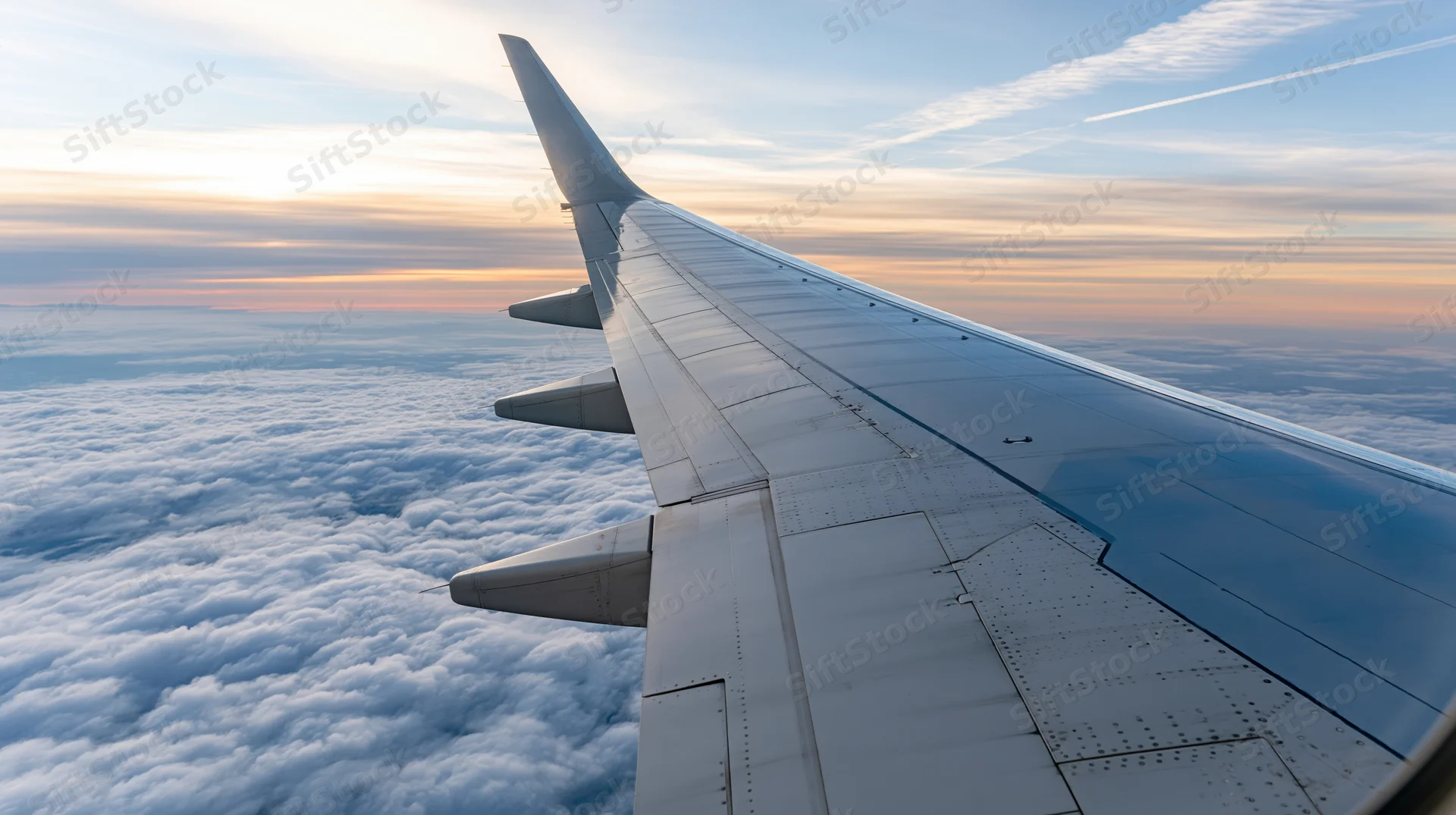 Airplane wing viewed from passenger window above clouds at sunset