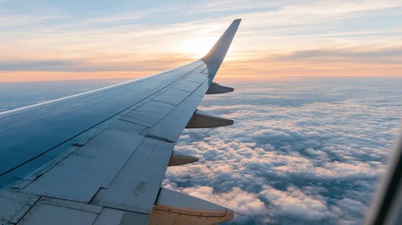 Airplane wing seen through passenger window above clouds at sunset