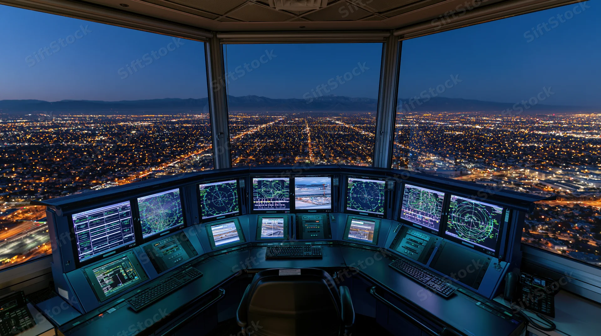Air traffic control tower interior at night with city view through large windows and multiple monitors on curved console