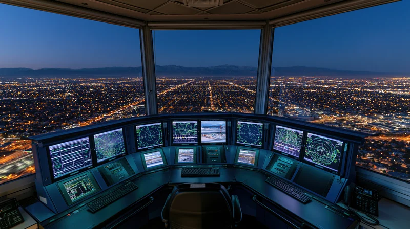 Air traffic control tower interior at night with city view through large windows and multiple monitors on curved console